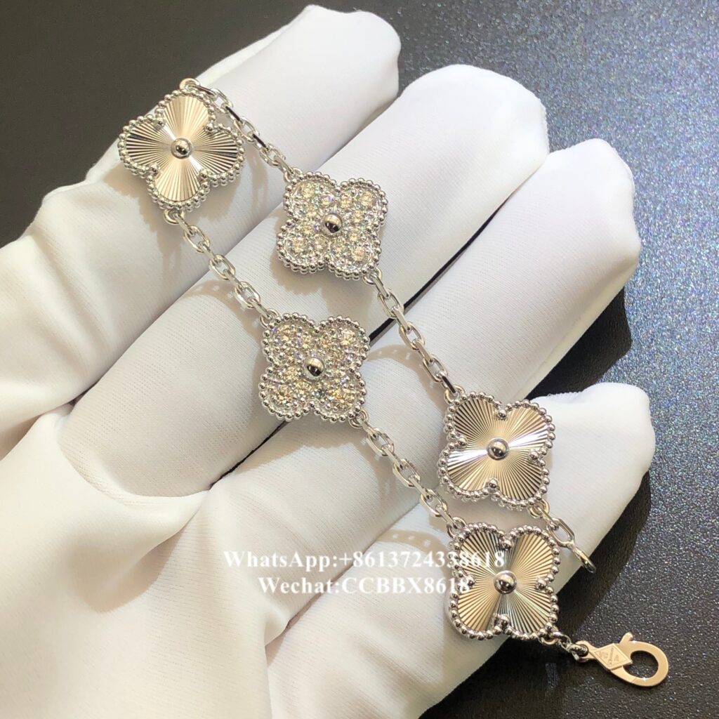 VCA Vintage Alhambra bracelet, diamonds, guilloché, 18k white gold, 5 motifs