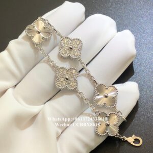 VCA Vintage Alhambra bracelet, diamonds, guilloché, 18k white gold, 5 motifs