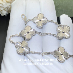 VCA Vintage Alhambra bracelet, guilloché, 18k white gold, 5 motifs
