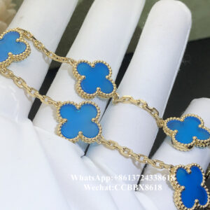 VCA Vintage Alhambra bracelet, blue agate, 18k yellow gold, 5 motifs
