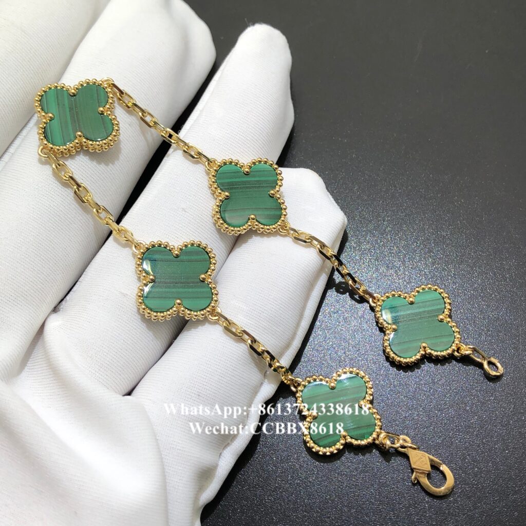 VCA Vintage Alhambra bracelet, malachite, 18k yellow gold, 5 motifs