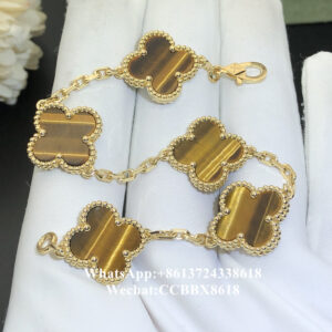 VCA Vintage Alhambra bracelet, tiger eye, 18k yellow gold, 5 motifs
