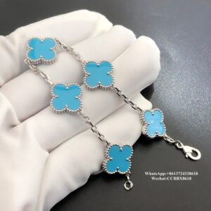 VCA Vintage Alhambra bracelet, turquoise, 18k white gold, 5 motifs