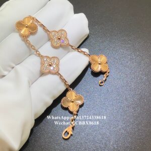 VCA Vintage Alhambra bracelet, diamonds, guilloché, 18k rose gold, 5 motifs