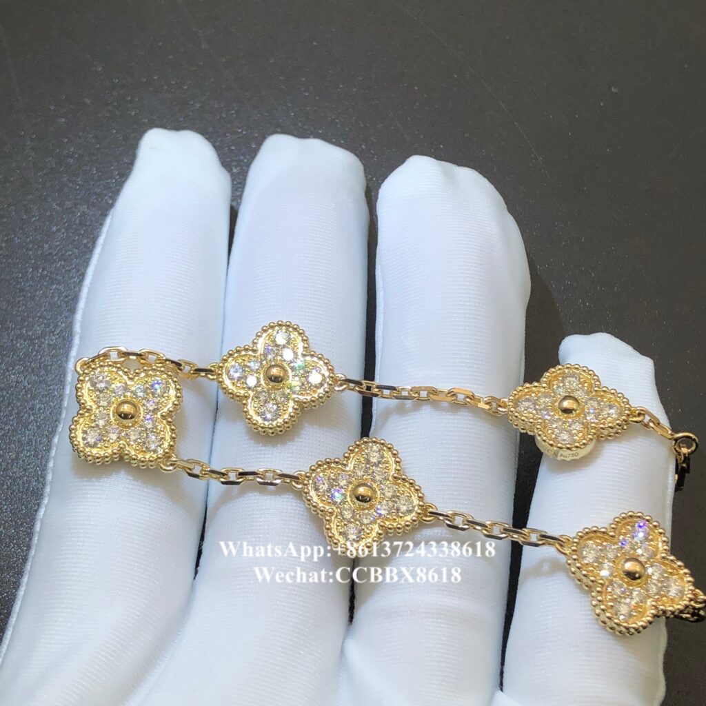 VCA Vintage Alhambra bracelet, diamond, 18k yellow gold, 5 motifs
