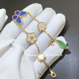 VCA Lucky Spring Butterfly bracelet, agate, lapis lazuli, mother-of-pearl, 5 motifs, 18k yellow gold